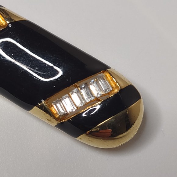 Black And Gold Tone Oval Brooch With Clear Rhinestones - Picture 5 of 14